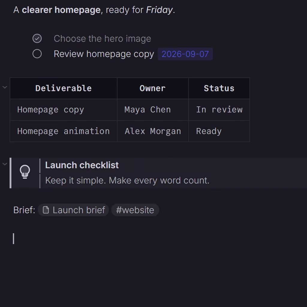 Notere's Markdown editor with a task list, project table, and links to related notes.